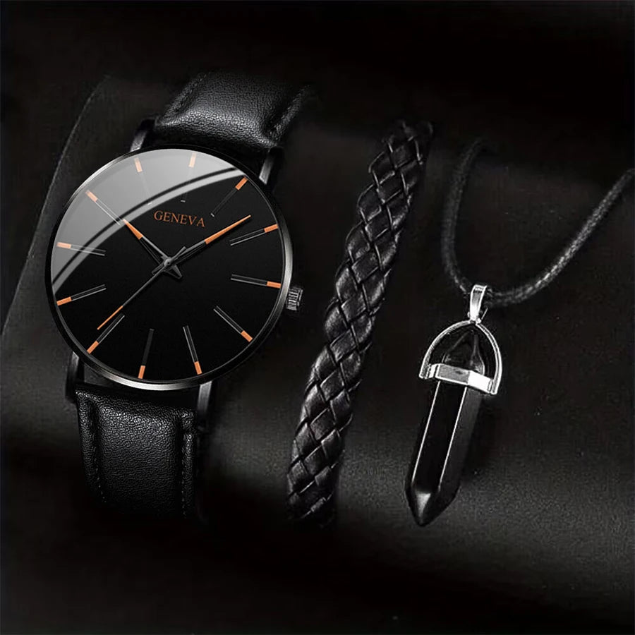 3PCS/Set Men Business Watches Casual Leather Band Analog