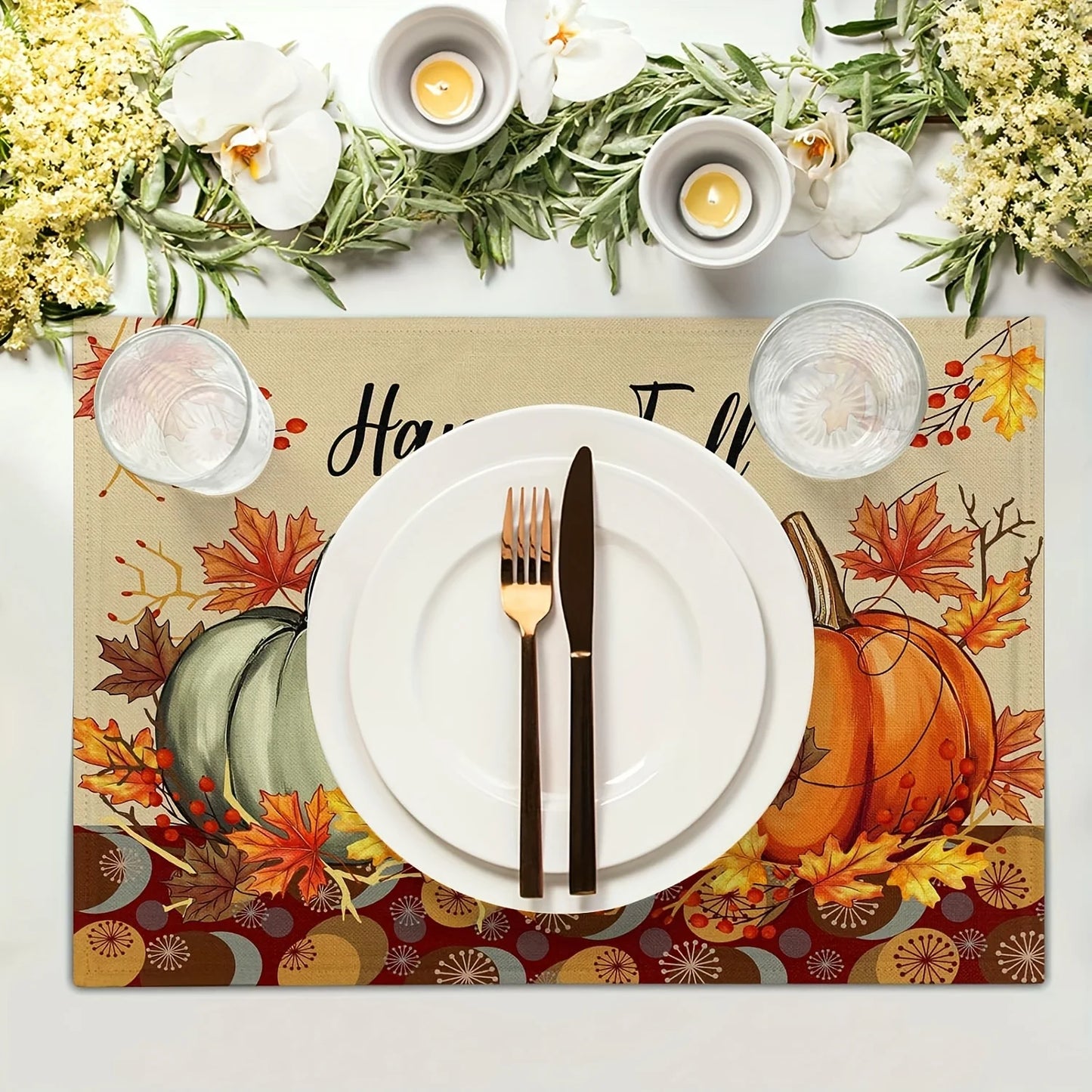 4pcs Thanksgiving Harvest Day Print Placemat Pumpkin