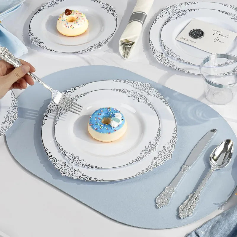 175PCS White And Silver Plastic Plates