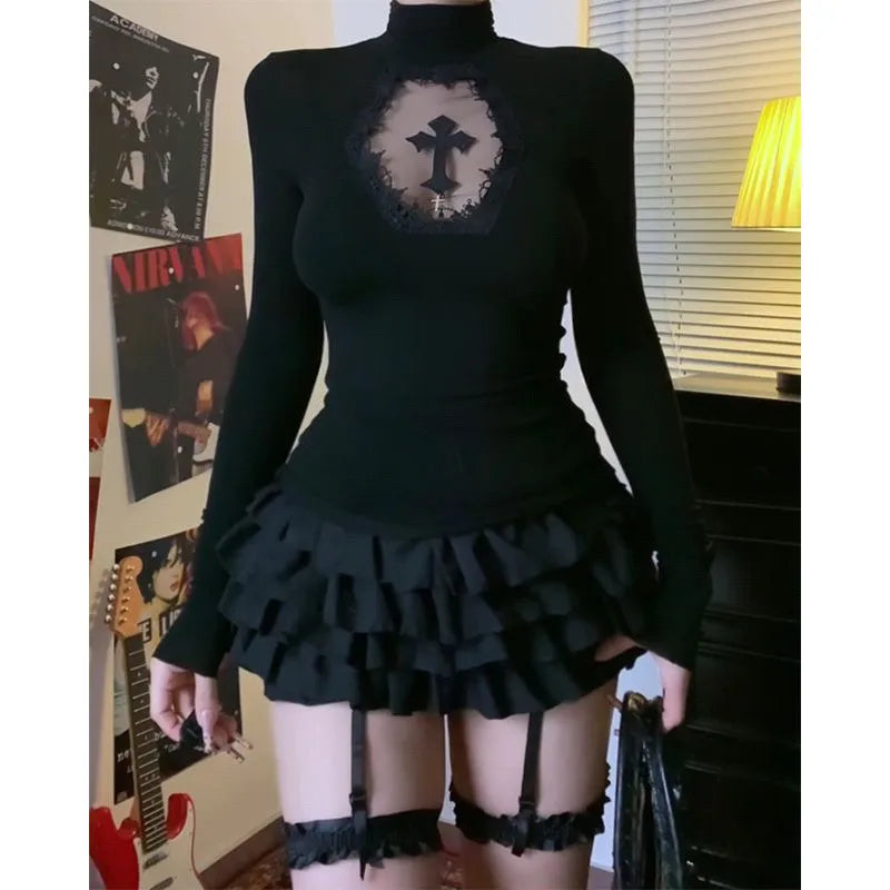 Women Turtleneck Gothic Dark Cross Hollow Out T-shirts