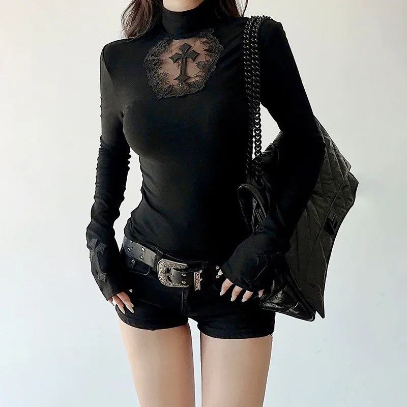 Women Turtleneck Gothic Dark Cross Hollow Out T-shirts