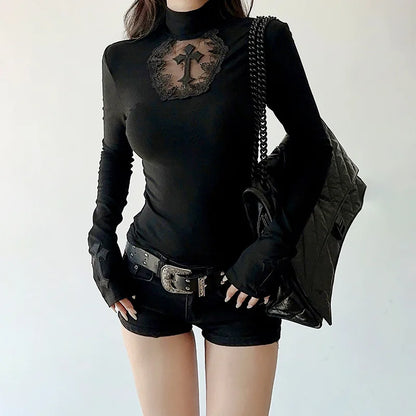 Women Turtleneck Gothic Dark Cross Hollow Out T-shirts