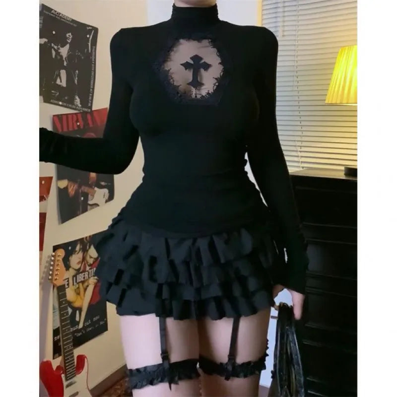 Women Turtleneck Gothic Dark Cross Hollow Out T-shirts