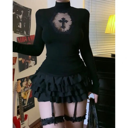 Women Turtleneck Gothic Dark Cross Hollow Out T-shirts
