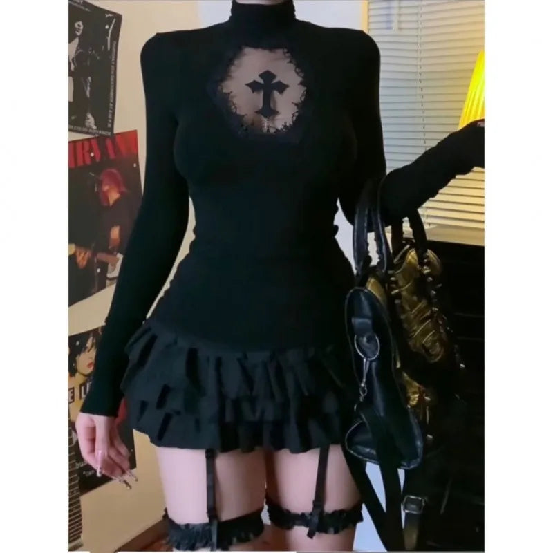 Women Turtleneck Gothic Dark Cross Hollow Out T-shirts