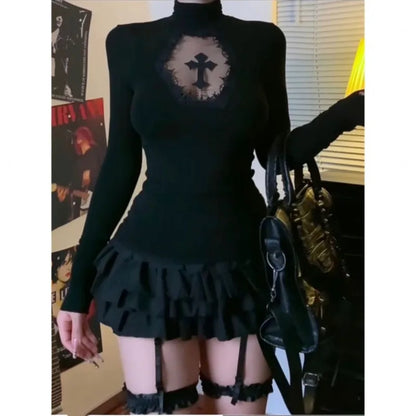 Women Turtleneck Gothic Dark Cross Hollow Out T-shirts