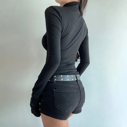 Women Turtleneck Gothic Dark Cross Hollow Out T-shirts