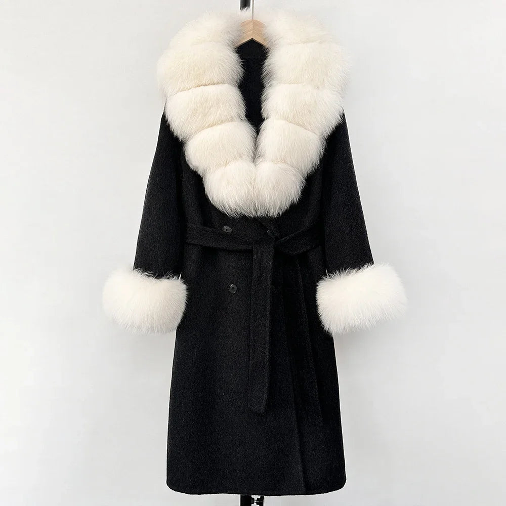 Wool Blends Coat Fashion Long Natural Warm Real Fox Fur Jacket