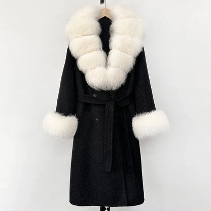 Wool Blends Coat Fashion Long Natural Warm Real Fox Fur Jacket