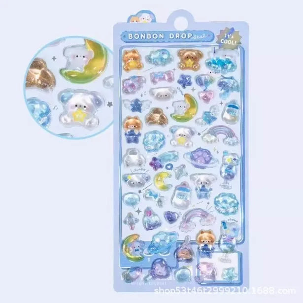 300Pcs Kawaii Cartoon 3D Relief Sticker Cute Crystal