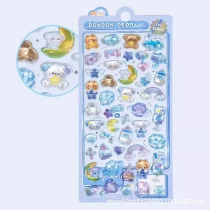 300Pcs Kawaii Cartoon 3D Relief Sticker Cute Crystal