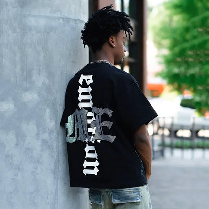 New Summer Letter Rhinestone Short Sleeve Black Men's T-Shirt