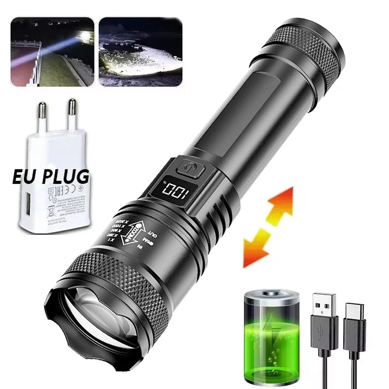 High-power Led Flashlight USB Rechargeable Torch with Display