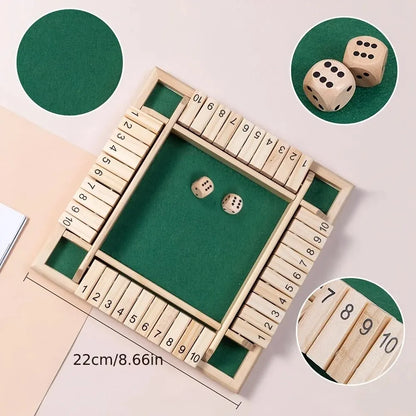Wooden Dice Board Game Shut The Box for 4 Players Flaps & Dices