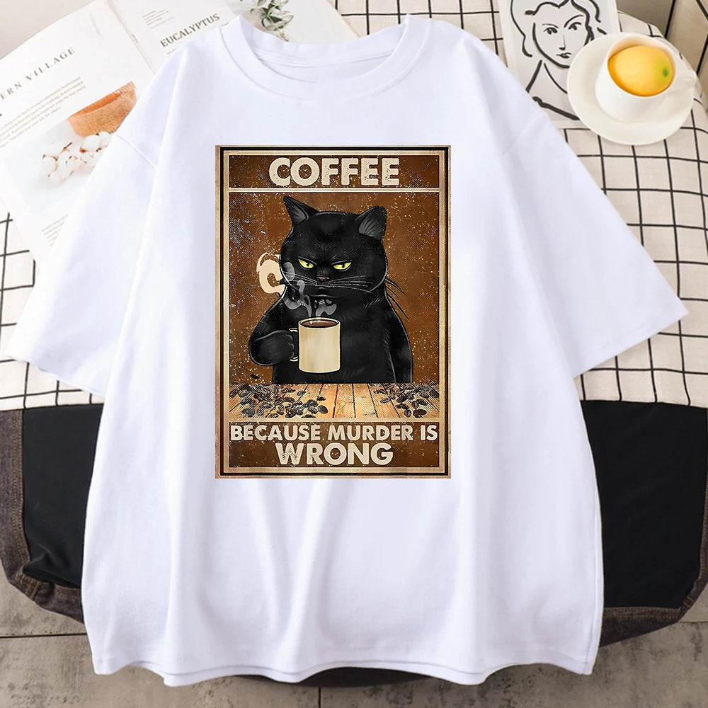 Coffee Because Murder Is Wrong Black Cat Drinks Coffee Funny