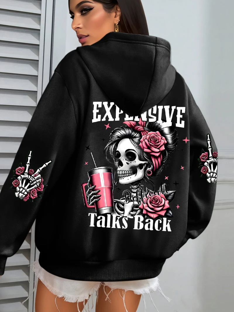 Expensive Talks Back Funny Printing Womens Hoodie Loose Multicolor