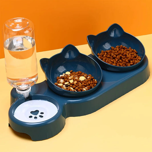 Pet Bowls With Water Feeder, 3 In 1 Ear Design Tilted Cat