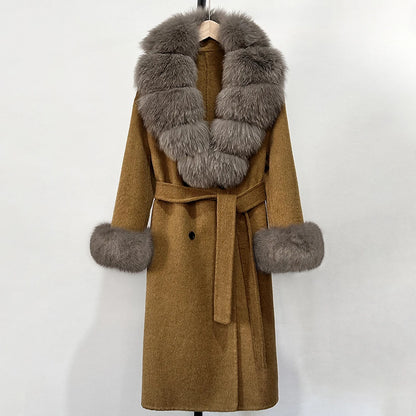 Wool Blends Coat Fashion Long Natural Warm Real Fox Fur Jacket