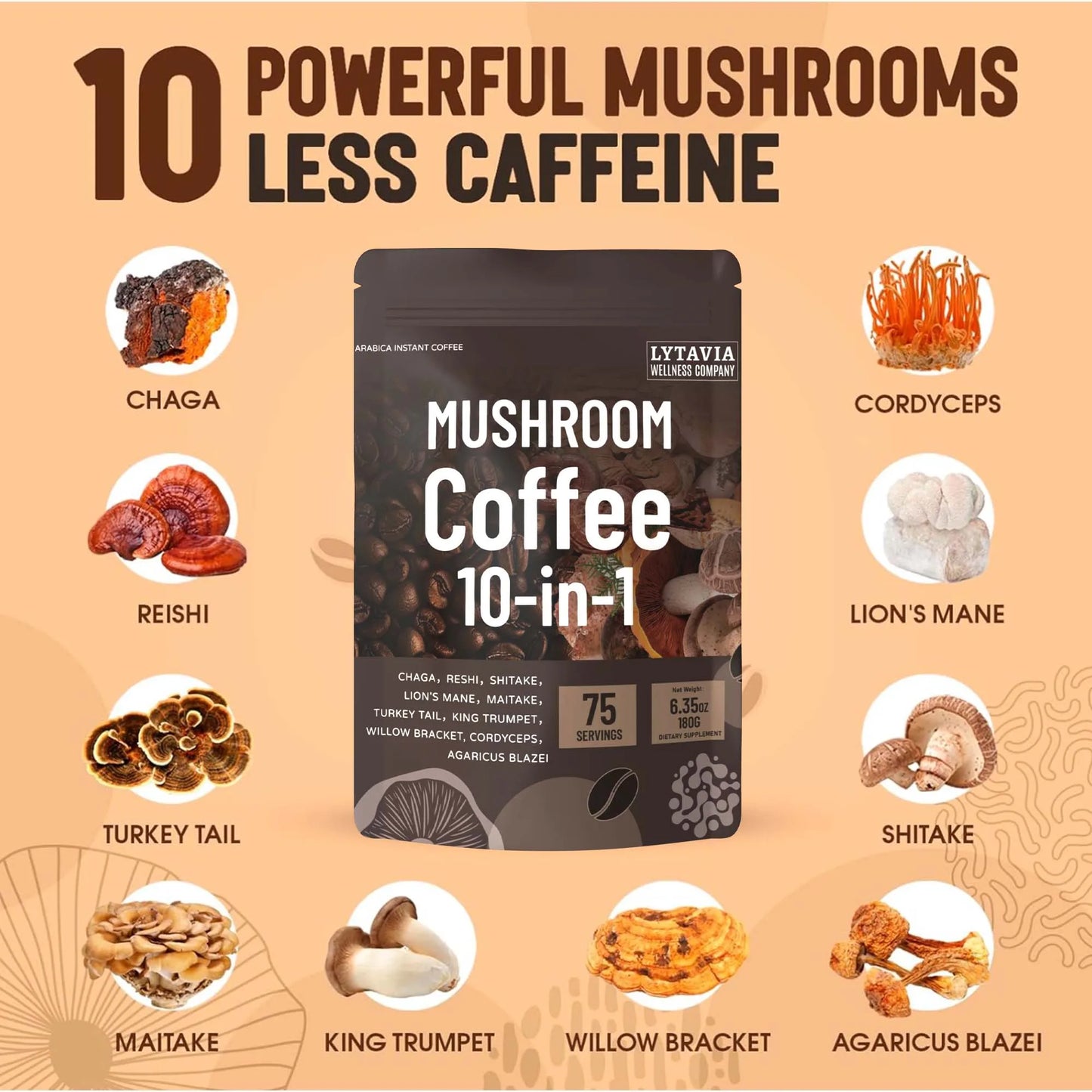 Mushroom Coffee With 10 Adaptogenic Mushrooms And MCT Oil,