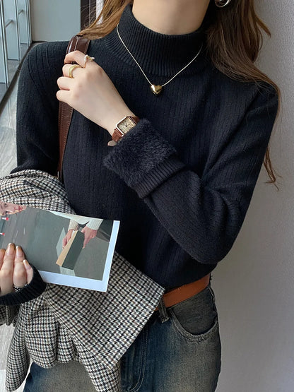 Women's Turtleneck Sweater Winter 2025 Retro with Velvet Lining