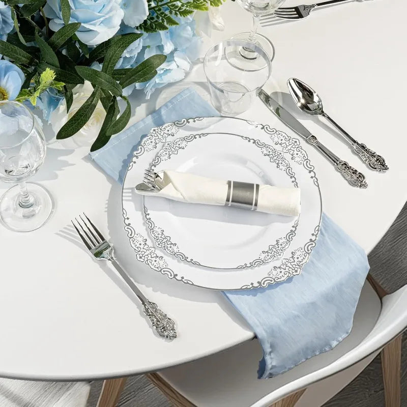 175PCS White And Silver Plastic Plates