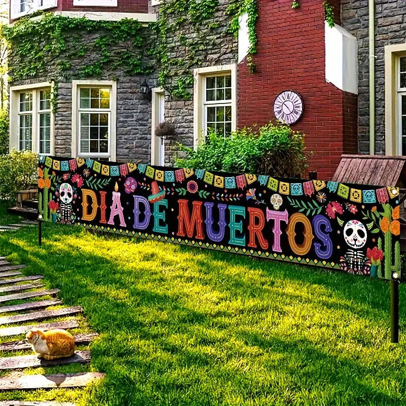Day of the Dead skeletons and cacti, fences and banners,