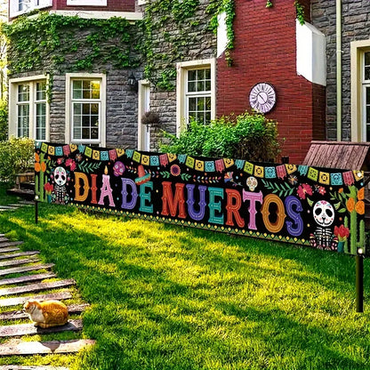 Day of the Dead skeletons and cacti, fences and banners,