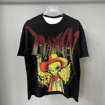 New Summer Letter Rhinestone Short Sleeve Black Men's T-Shirt