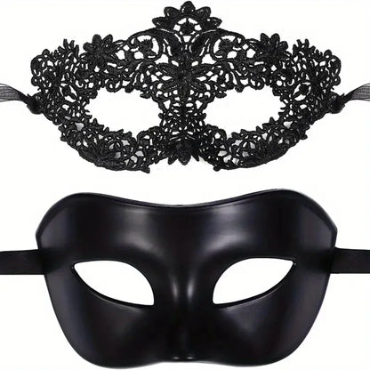 2pcs Elegant Black Lace Masquerade Mask Set for Couples -