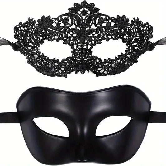 2pcs Elegant Black Lace Masquerade Mask Set for Couples -