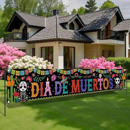 Day of the Dead skeletons and cacti, fences and banners,