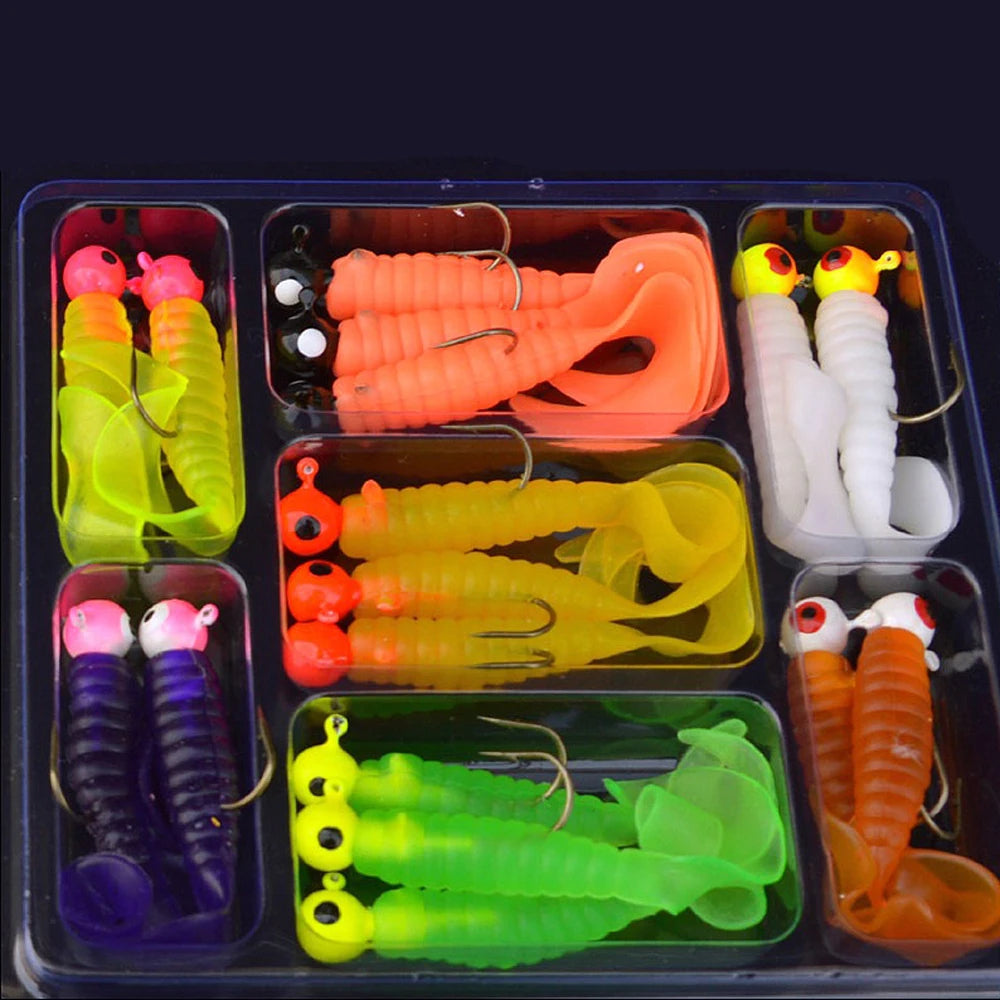 17pcs Metal Jig Head Fishing Hooks + 17pcs Soft Worm Lure Grub Silicone