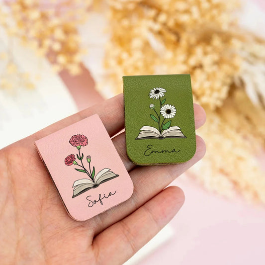 1pc Name Bookmark with Birth Flower,Custom Leather Birth Flower