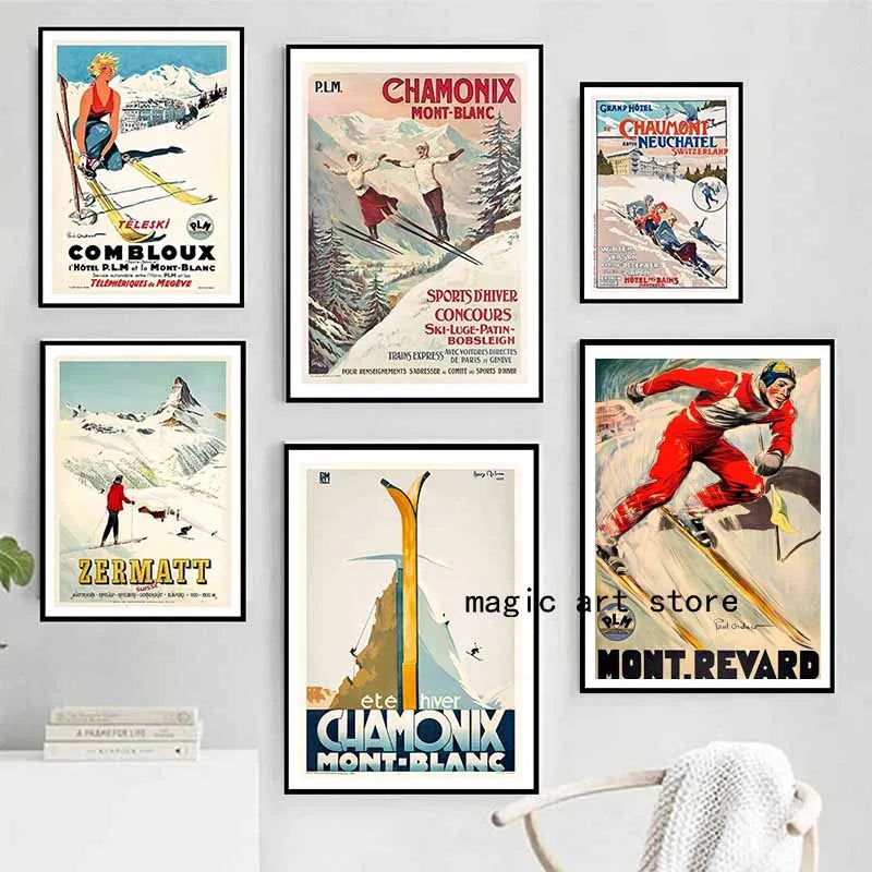 Retro Zermatt Chamonix Skiing Art Poster Vintage Australia