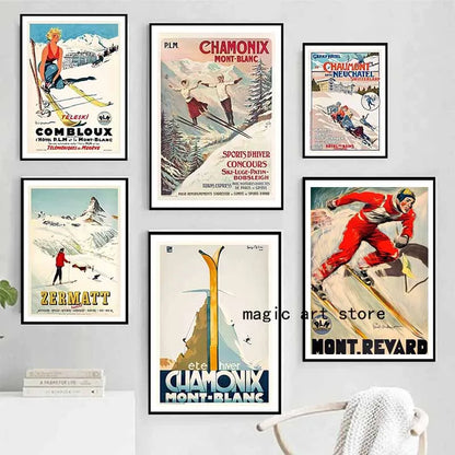 Retro Zermatt Chamonix Skiing Art Poster Vintage Australia