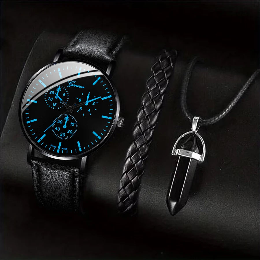 3PCS/Set Men Business Watches Casual Leather Band Analog