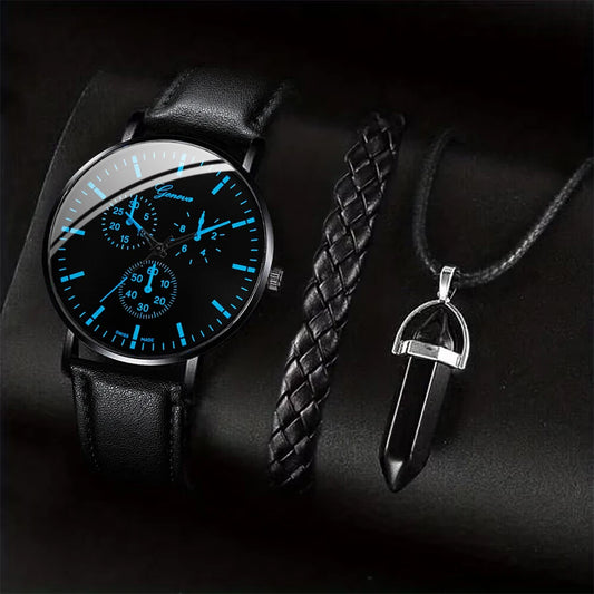 3PCS/Set Men Business Watches Casual Leather Band Analog