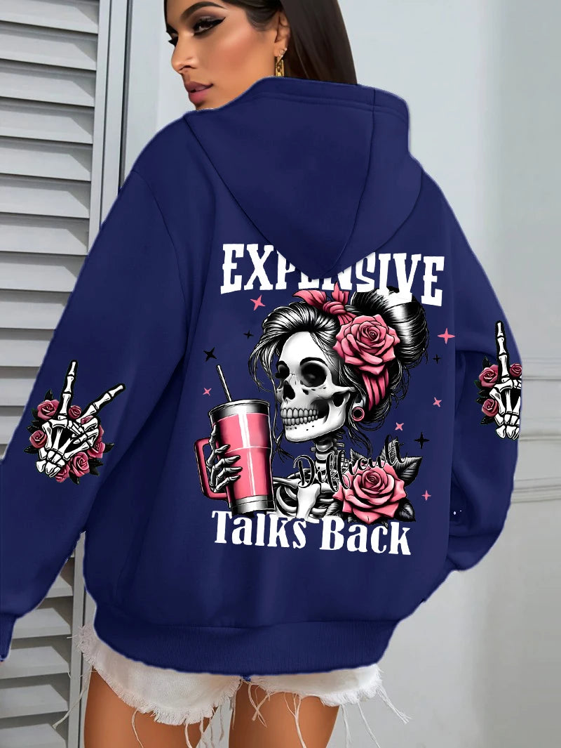 Expensive Talks Back Funny Printing Womens Hoodie Loose Multicolor