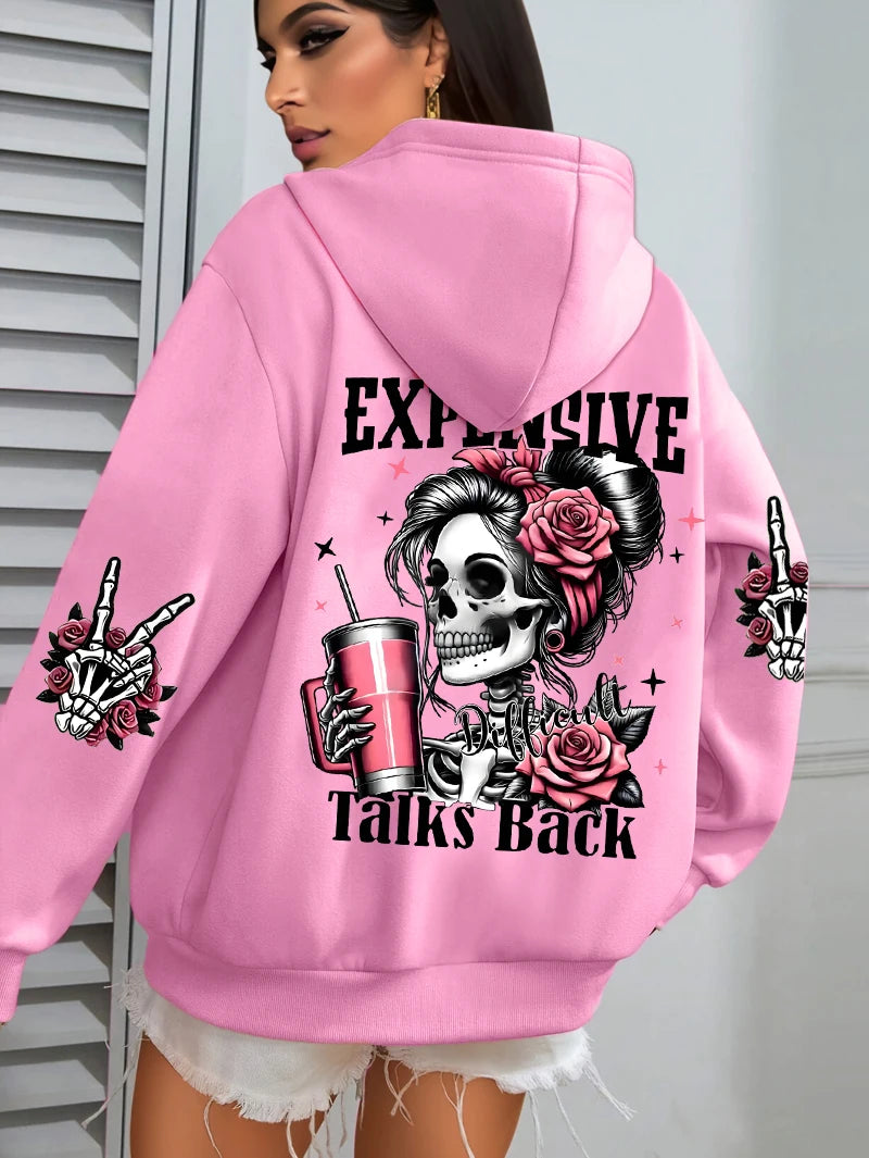 Expensive Talks Back Funny Printing Womens Hoodie Loose Multicolor