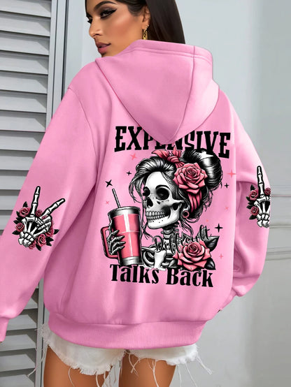 Expensive Talks Back Funny Printing Womens Hoodie Loose Multicolor