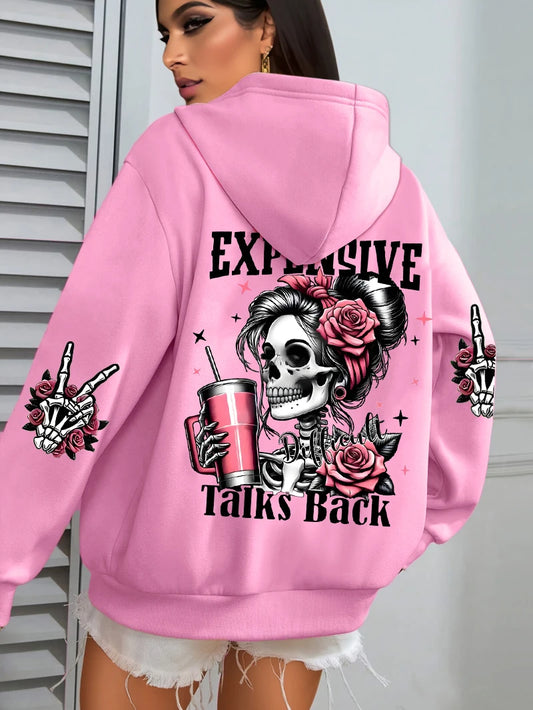 Expensive Talks Back Funny Printing Womens Hoodie Loose Multicolor