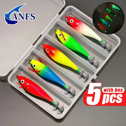 ANFS 5pcs Glowing Squid Hooks - Horizontal Shrimp Lures -