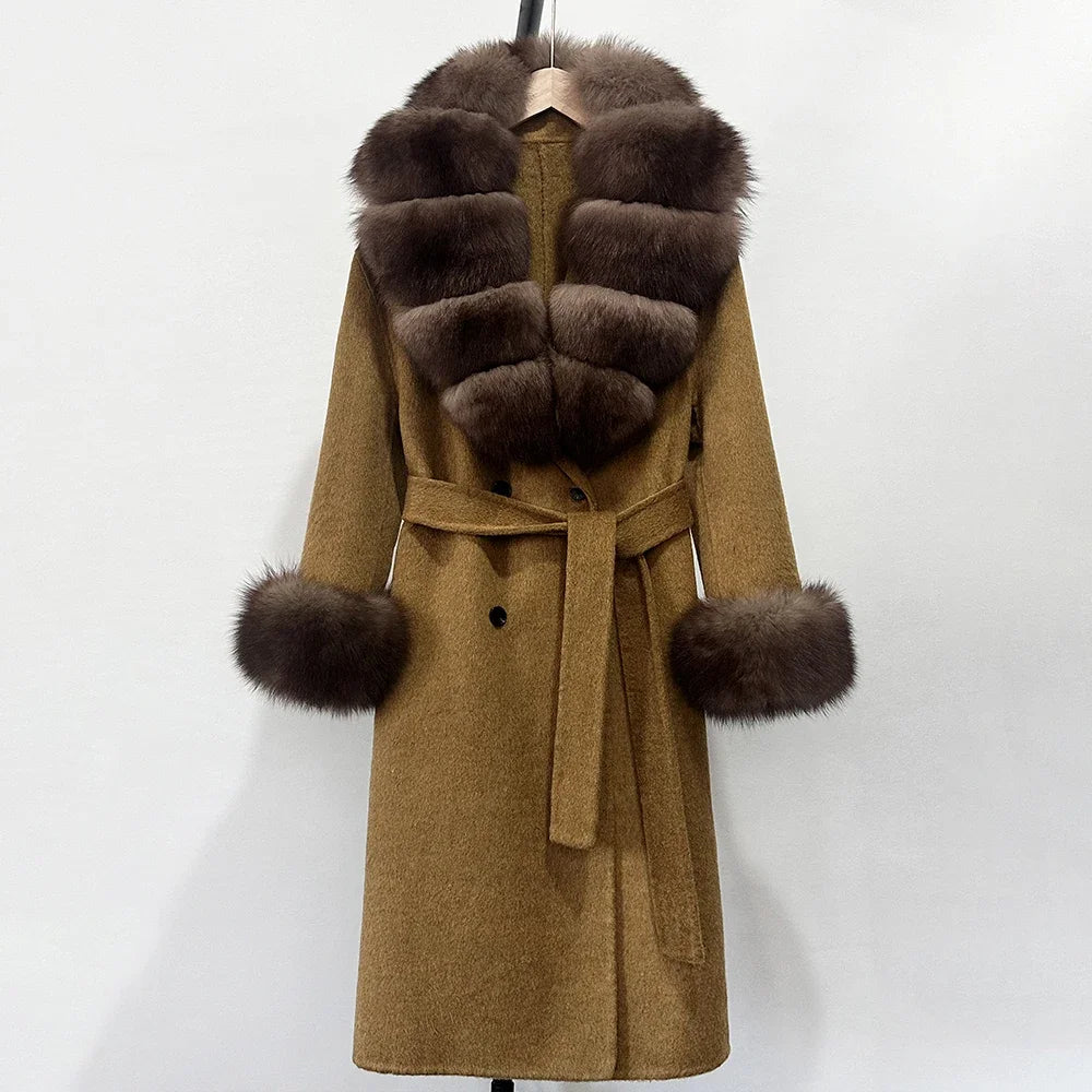 Wool Blends Coat Fashion Long Natural Warm Real Fox Fur Jacket