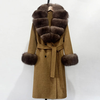 Wool Blends Coat Fashion Long Natural Warm Real Fox Fur Jacket