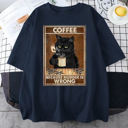 Coffee Because Murder Is Wrong Black Cat Drinks Coffee Funny