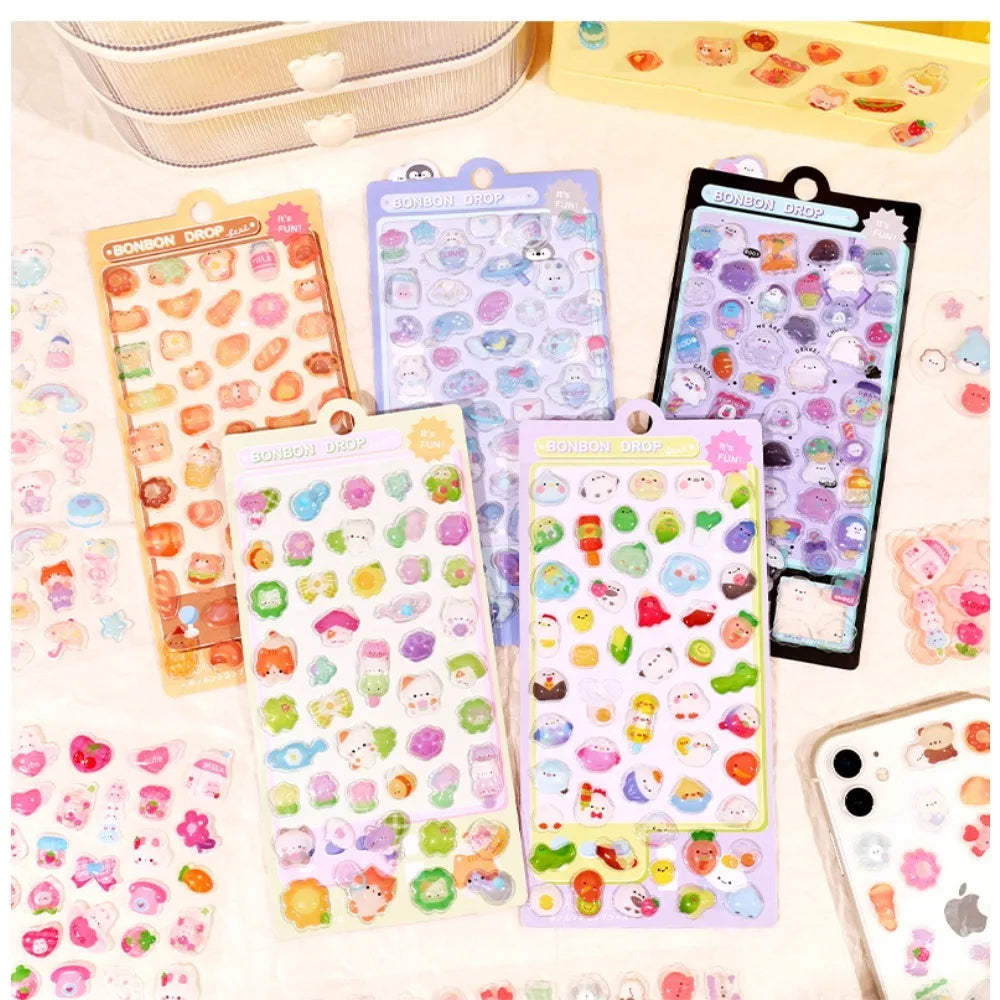 300Pcs Kawaii Cartoon 3D Relief Sticker Cute Crystal