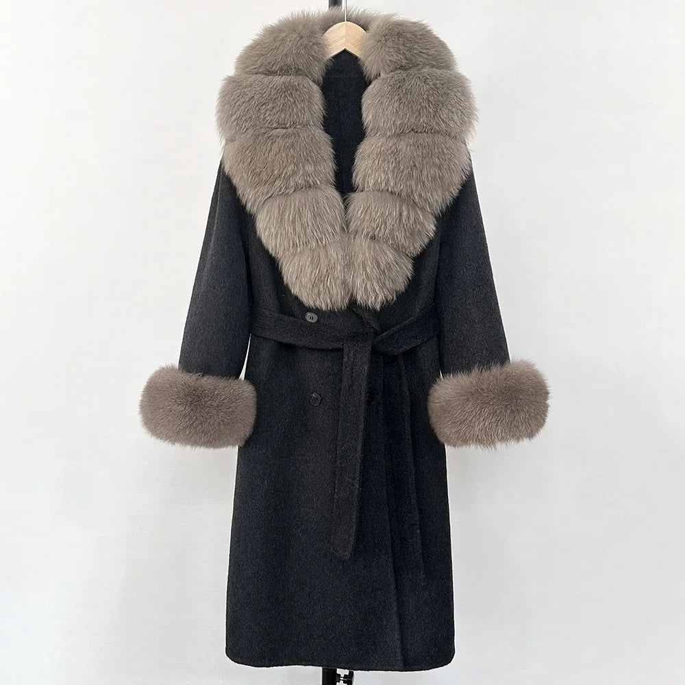 Wool Blends Coat Fashion Long Natural Warm Real Fox Fur Jacket