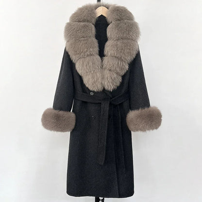 Wool Blends Coat Fashion Long Natural Warm Real Fox Fur Jacket