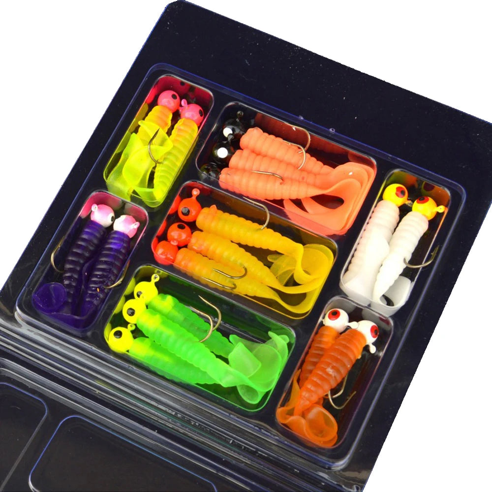 17pcs Metal Jig Head Fishing Hooks + 17pcs Soft Worm Lure Grub Silicone