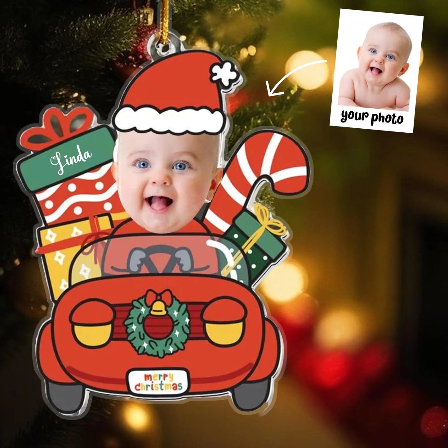 Christmas Car Ornament with Baby Photo, Personalized